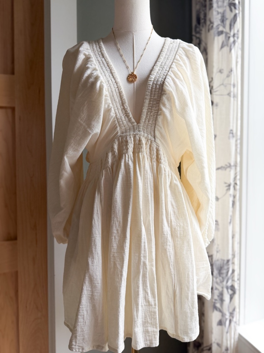 Free People Cream Gauze Tunic Dress | Boho Puff Sleeve Mini